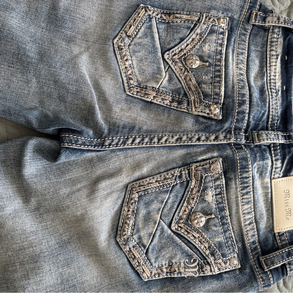 Miss Me Distressed Blue Boyfriend Jeans with Embellished Pockets